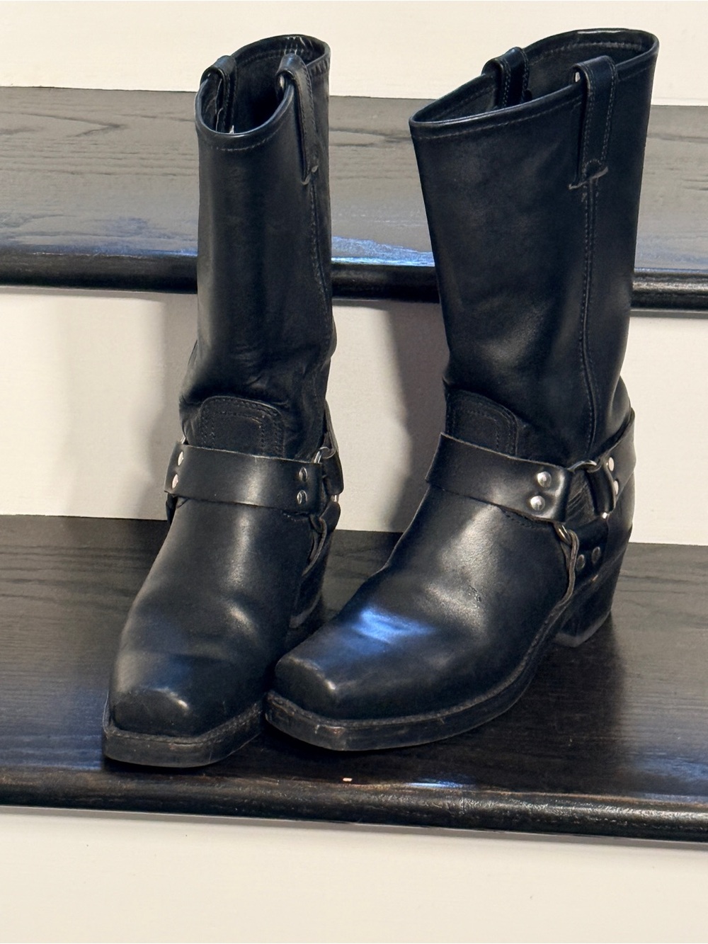 Frye Black Leather Harness Mid-Calf Boots